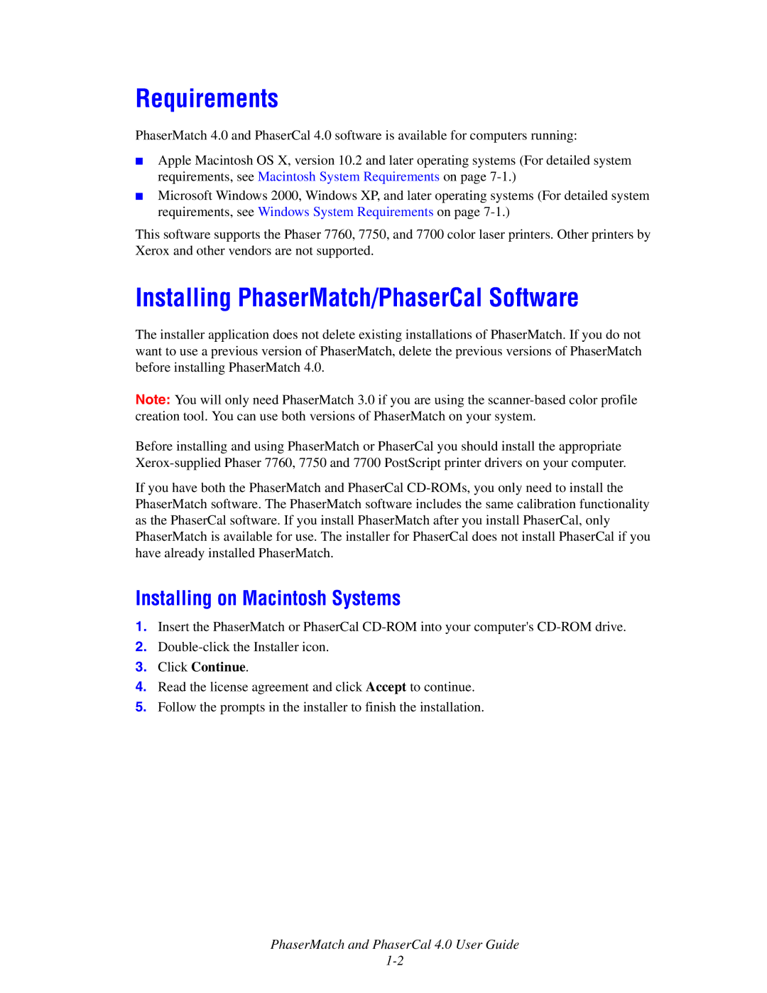 Xerox 7760 manual Requirements, Installing PhaserMatch/PhaserCal Software, Installing on Macintosh Systems 