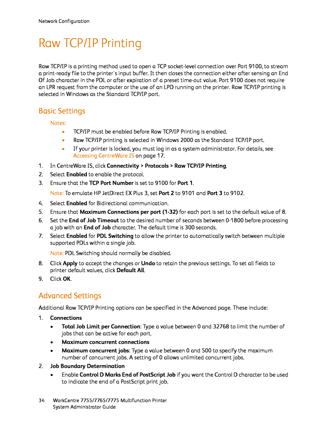 Xerox 7755, 7765, 7775 manual Raw TCP/IP Printing, Basic Settings, Advanced Settings, Notes 