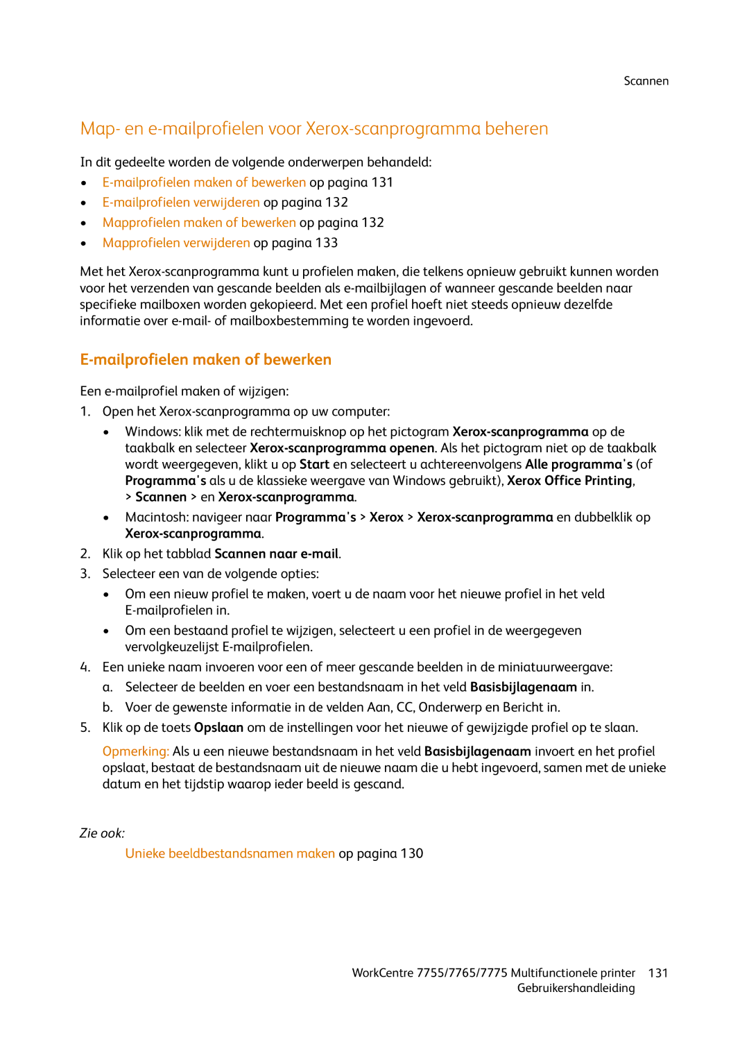 Xerox 7775, 7765, 7755 manual Map- en e-mailprofielen voor Xerox-scanprogramma beheren, Mailprofielen maken of bewerken 