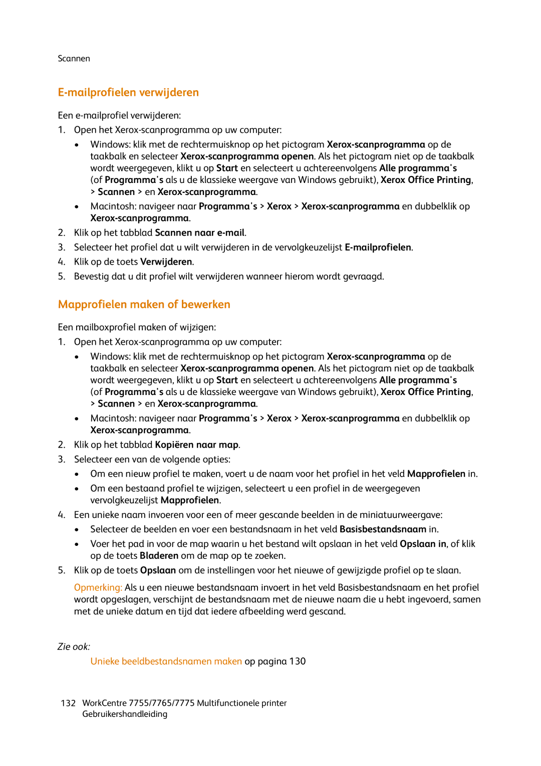 Xerox 7765, 7755, 7775 manual Mailprofielen verwijderen, Mapprofielen maken of bewerken 