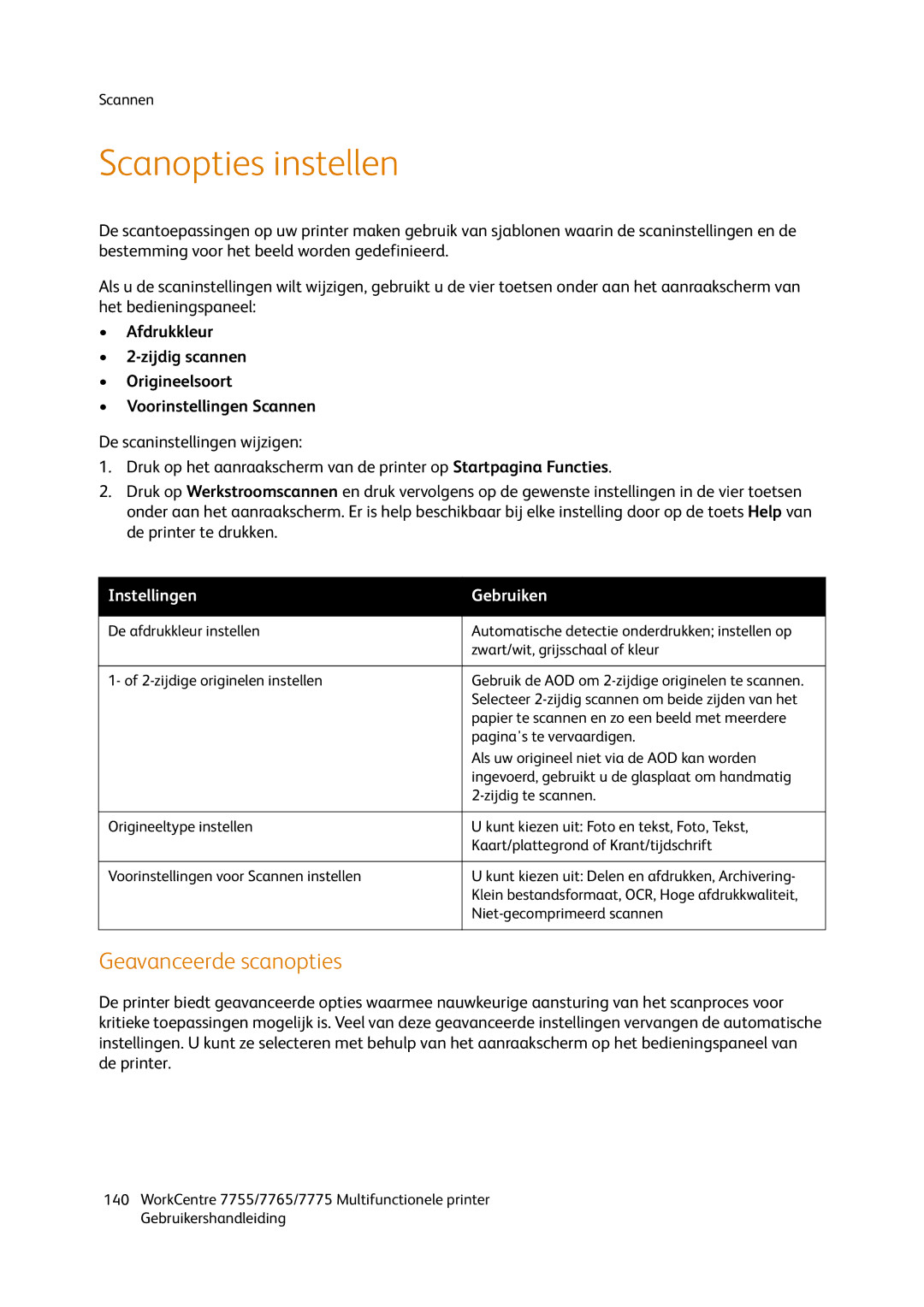 Xerox 7775, 7765, 7755 manual Scanopties instellen, Geavanceerde scanopties 