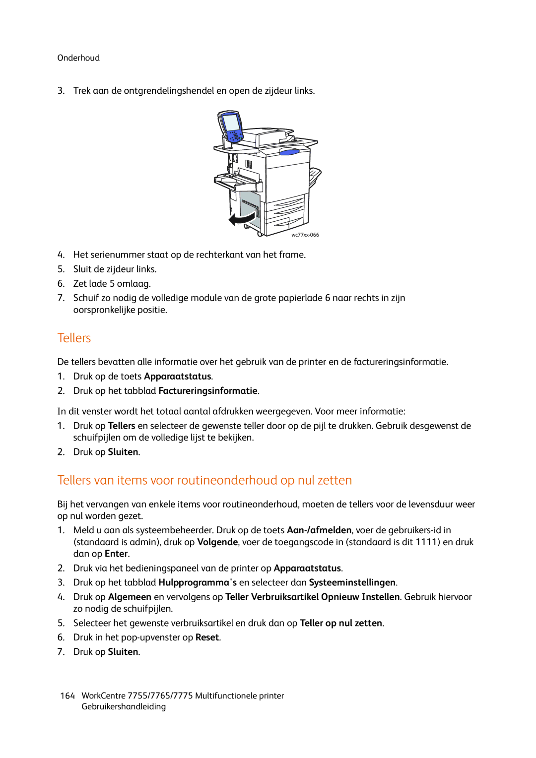 Xerox 7775, 7765, 7755 manual Tellers van items voor routineonderhoud op nul zetten 