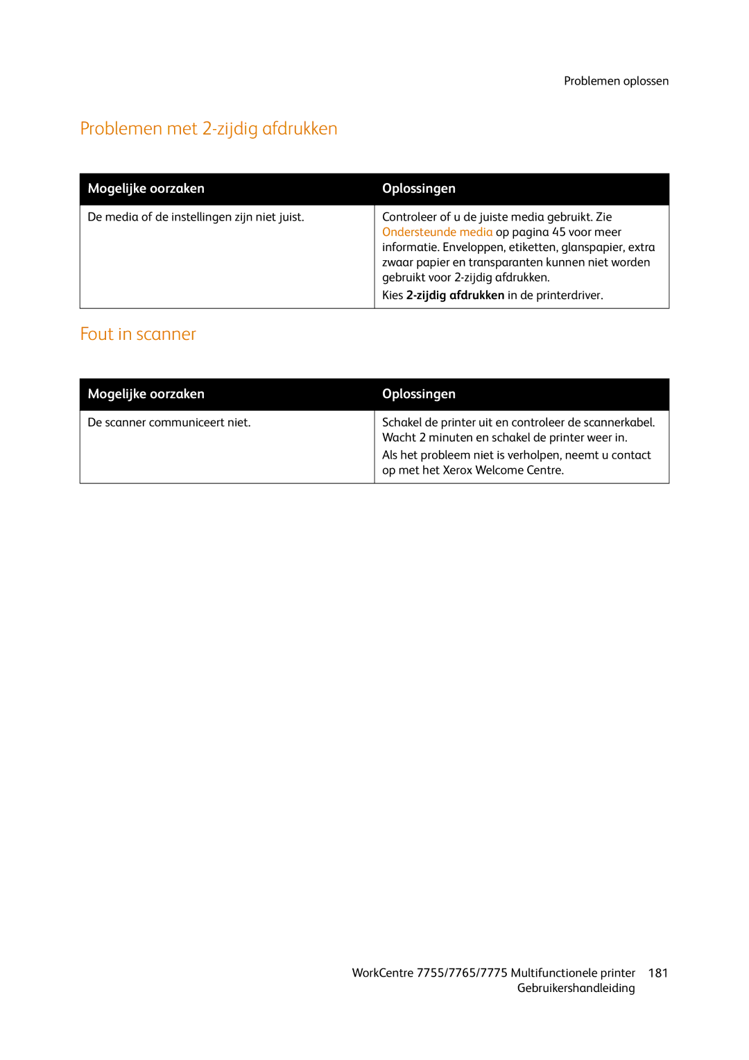 Xerox 7755, 7765, 7775 manual Problemen met 2-zijdig afdrukken, Fout in scanner 