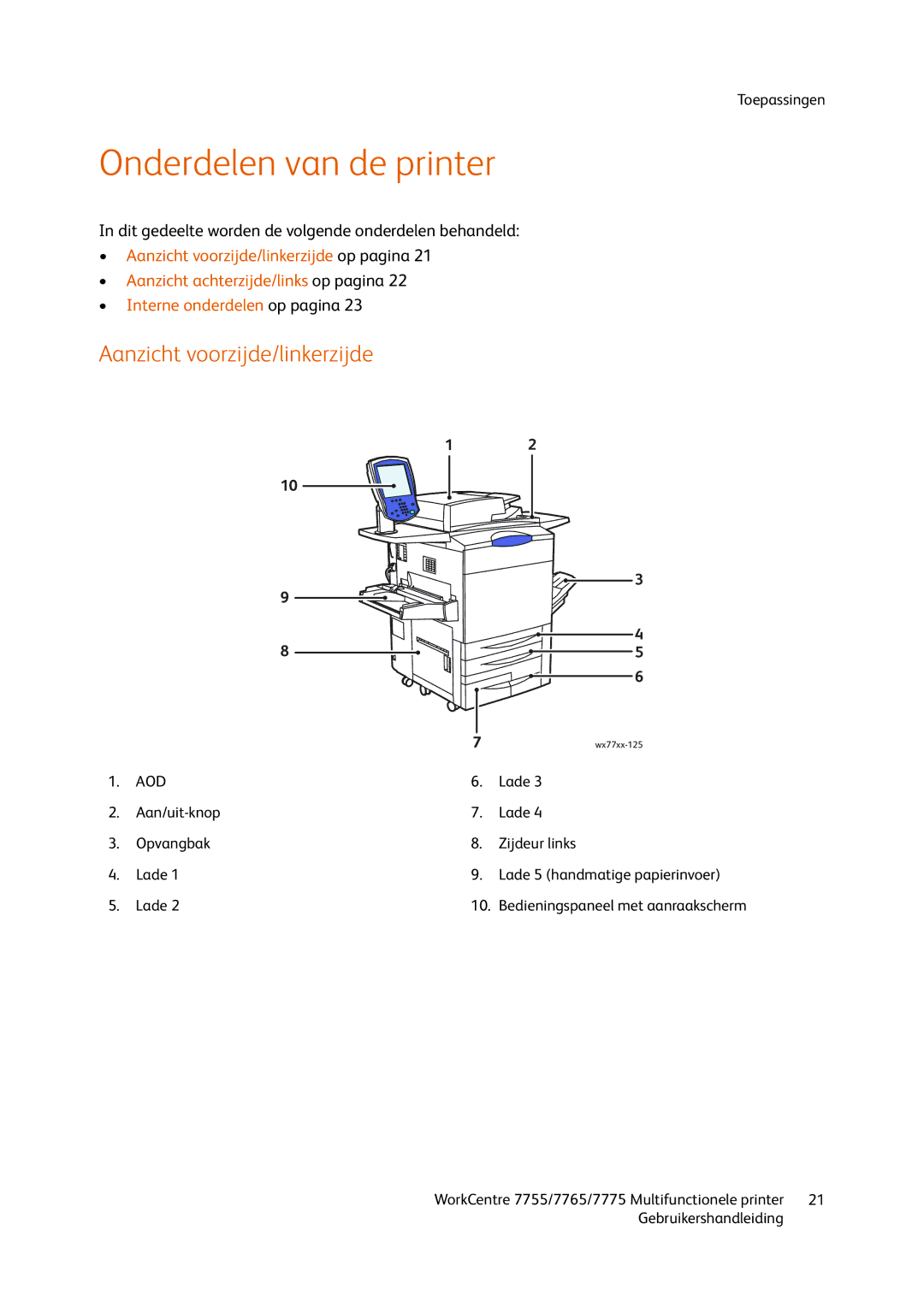 Xerox 7765 Onderdelen van de printer, Aanzicht voorzijde/linkerzijde, Dit gedeelte worden de volgende onderdelen behandeld 