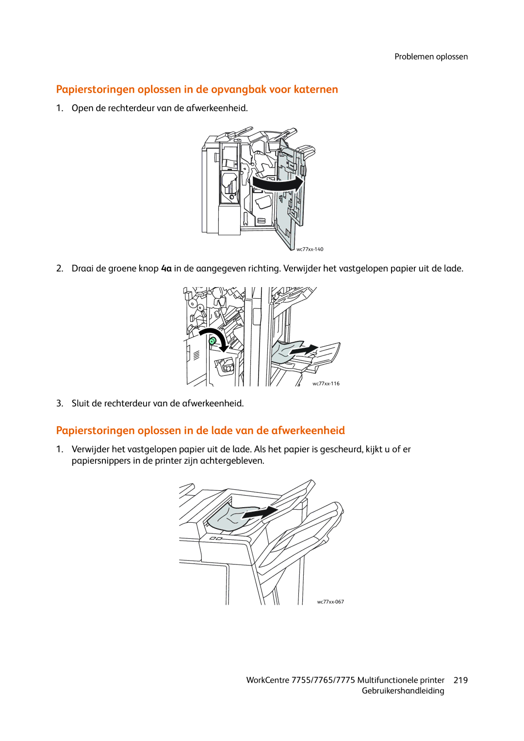 Xerox 7765, 7755, 7775 manual Papierstoringen oplossen in de opvangbak voor katernen 