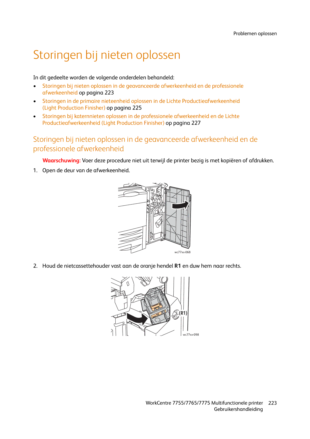 Xerox 7755, 7765, 7775 manual Storingen bij nieten oplossen, Dit gedeelte worden de volgende onderdelen behandeld 