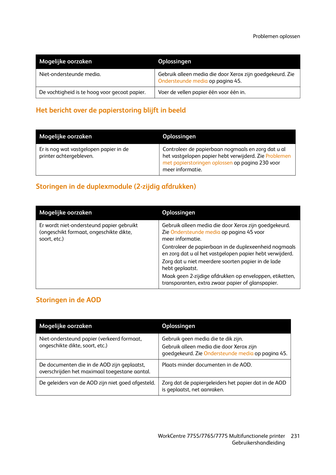 Xerox 7765, 7755, 7775 Het bericht over de papierstoring blijft in beeld, Storingen in de duplexmodule 2-zijdig afdrukken 