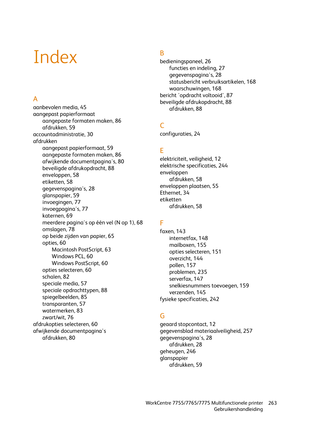 Xerox 7775, 7765, 7755 manual Index 