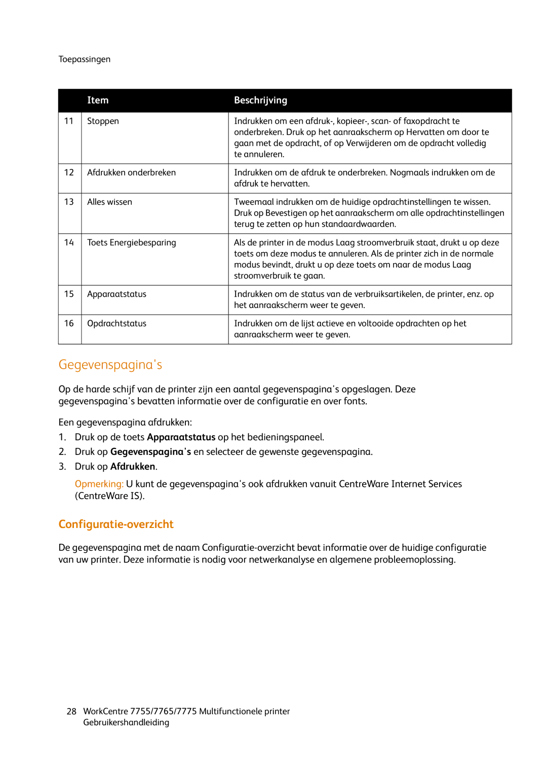 Xerox 7755, 7765, 7775 manual Gegevenspaginas, Configuratie-overzicht 