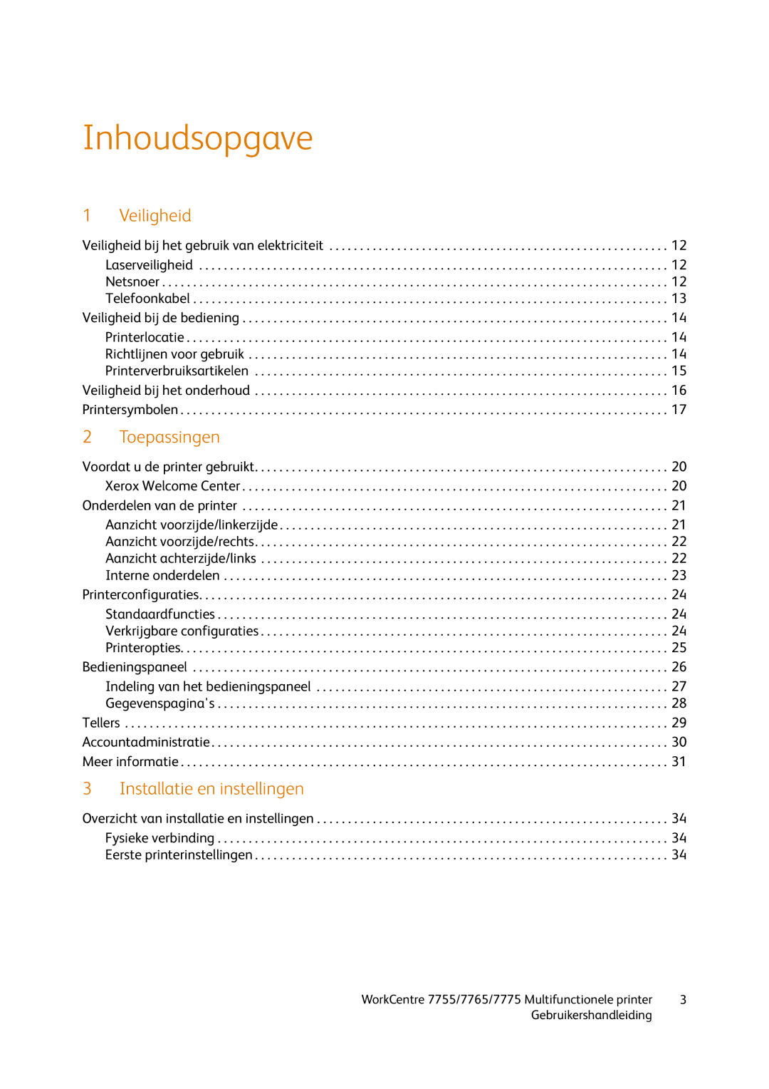 Xerox 7765, 7755, 7775 manual Inhoudsopgave 