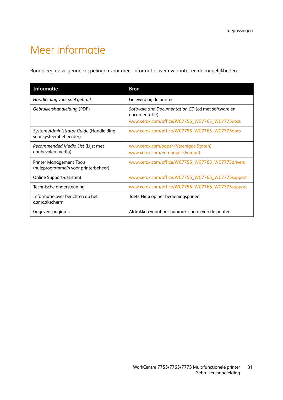 Xerox 7755, 7765, 7775 manual Meer informatie, Informatie Bron 