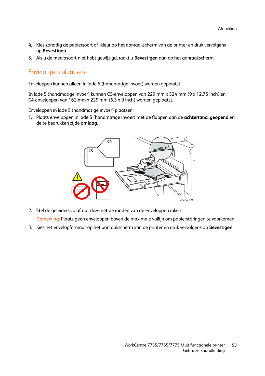 Xerox 7755, 7765, 7775 manual Enveloppen plaatsen 