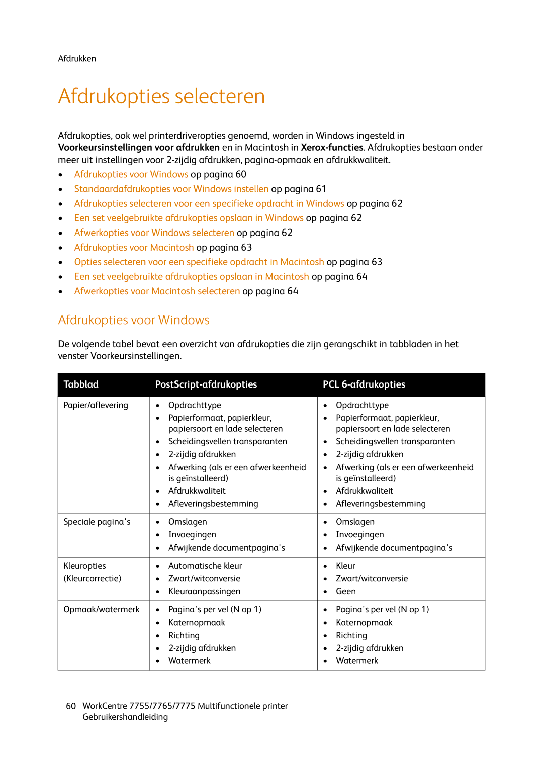 Xerox 7765, 7755, 7775 manual Afdrukopties selecteren, Afdrukopties voor Windows 