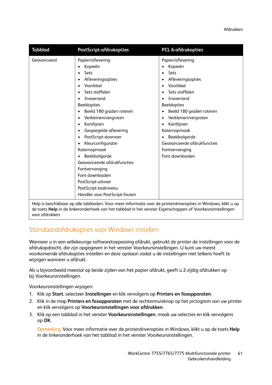 Xerox 7755, 7765, 7775 manual Standaardafdrukopties voor Windows instellen 