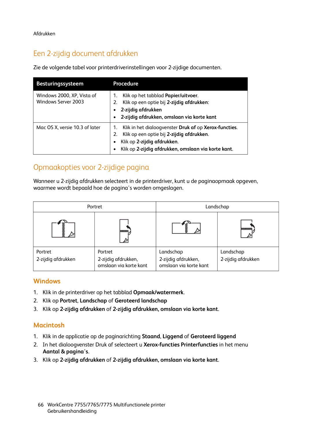 Xerox 7765, 7755, 7775 manual Een 2-zijdig document afdrukken, Opmaakopties voor 2-zijdige pagina, Windows, Macintosh 
