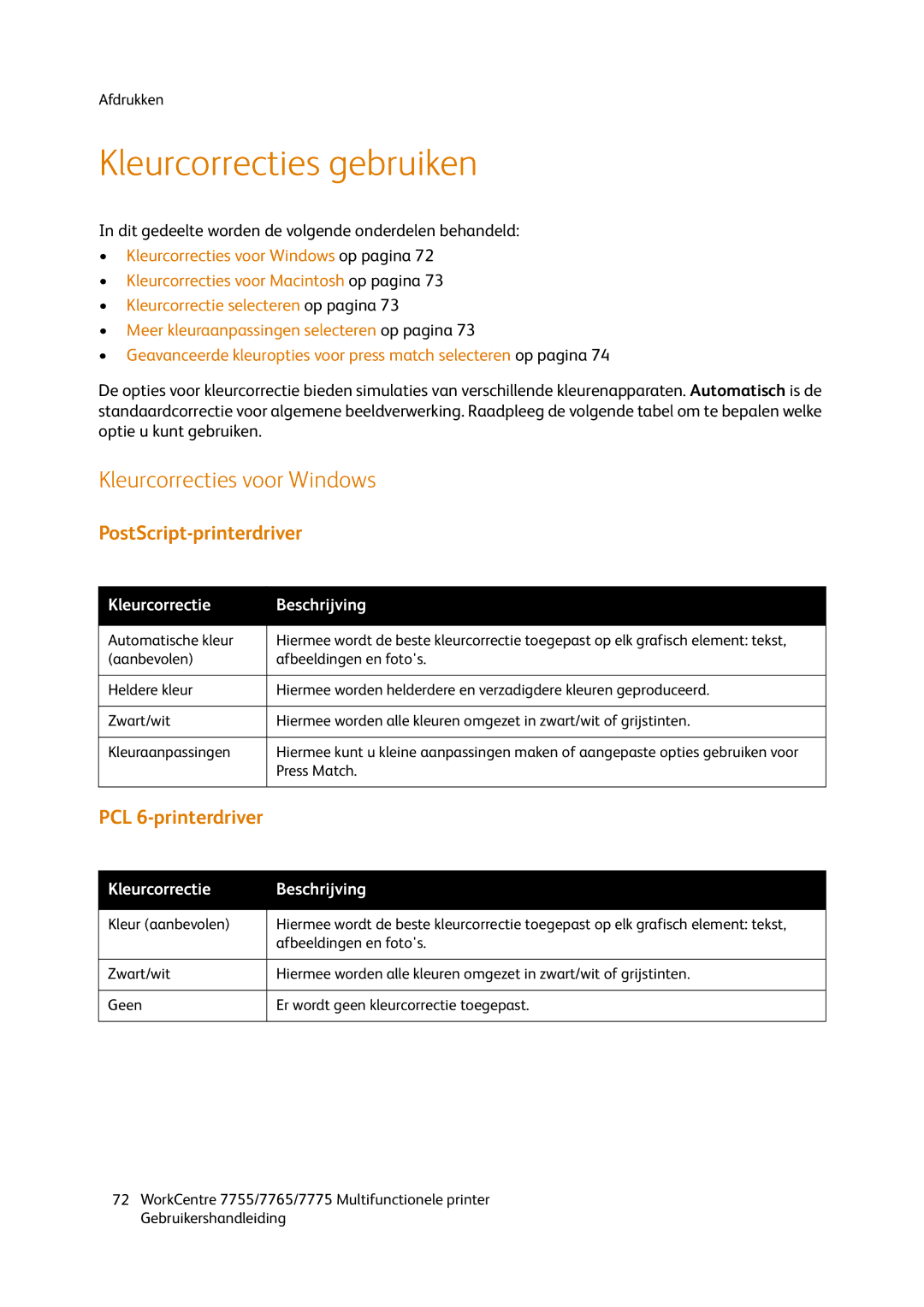 Xerox 7765, 7755, 7775 manual Kleurcorrecties gebruiken, Kleurcorrecties voor Windows, PostScript-printerdriver 