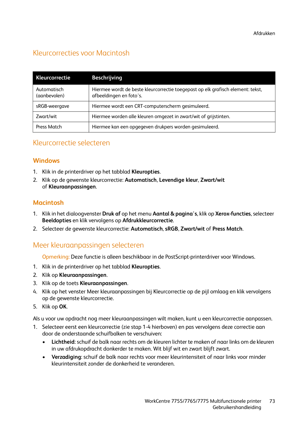 Xerox 7755, 7765, 7775 manual Kleurcorrecties voor Macintosh, Kleurcorrectie selecteren, Meer kleuraanpassingen selecteren 