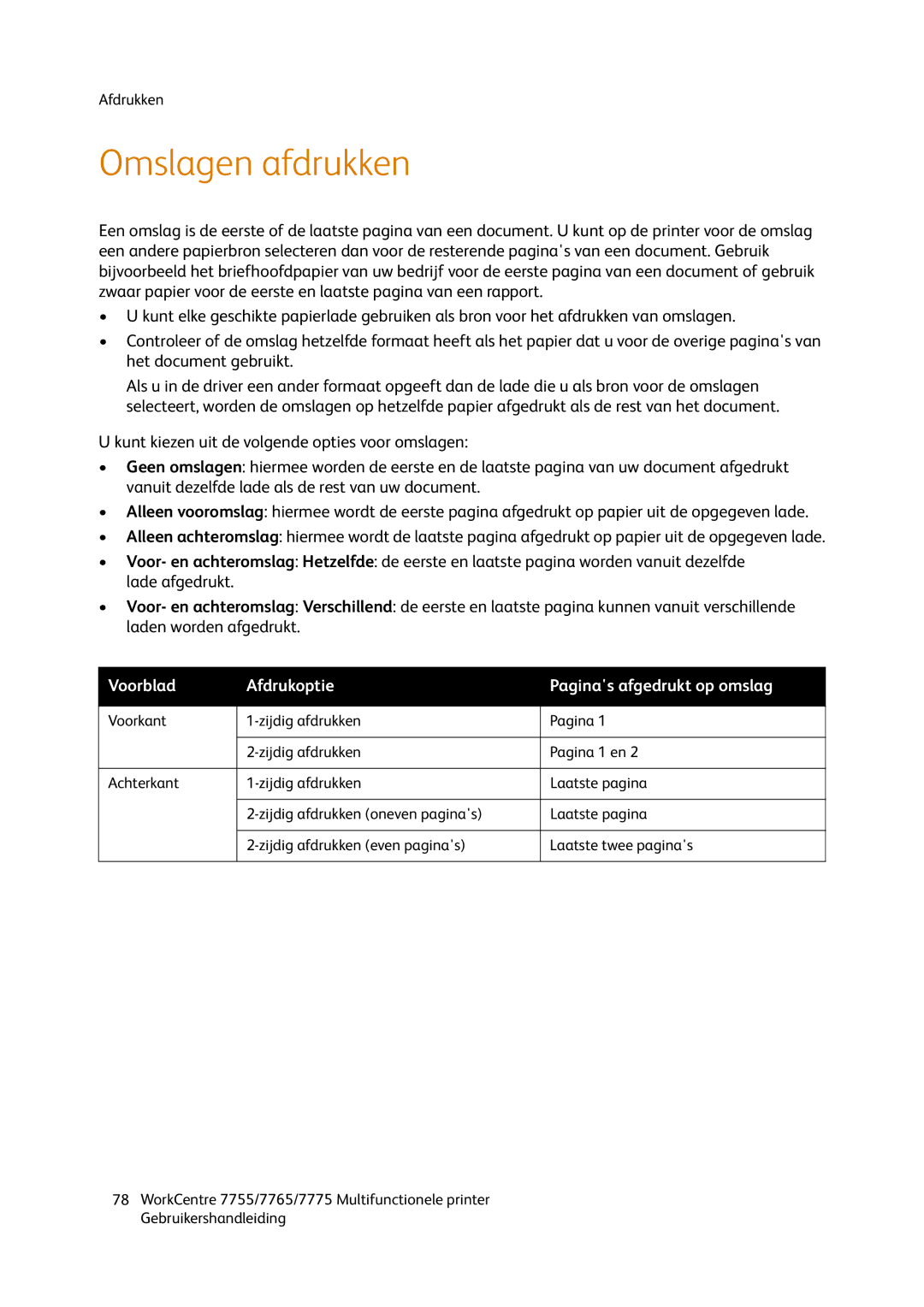 Xerox 7765, 7755, 7775 manual Omslagen afdrukken, Voorblad Afdrukoptie Paginas afgedrukt op omslag 