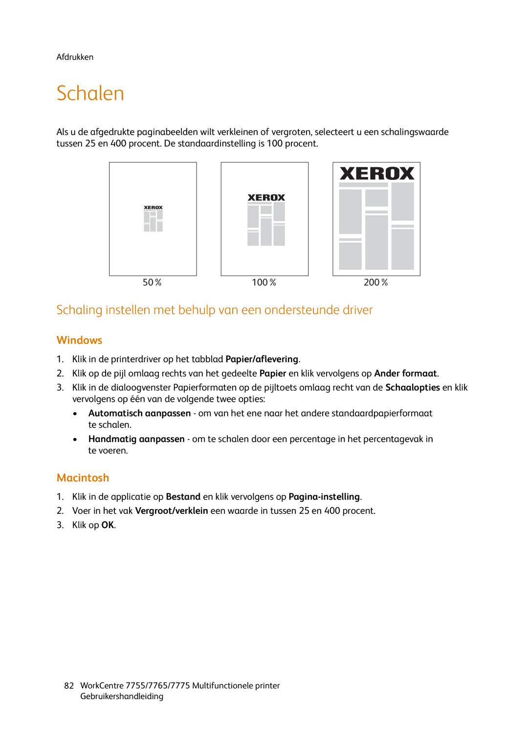 Xerox 7755, 7765, 7775 manual Schalen, Schaling instellen met behulp van een ondersteunde driver 