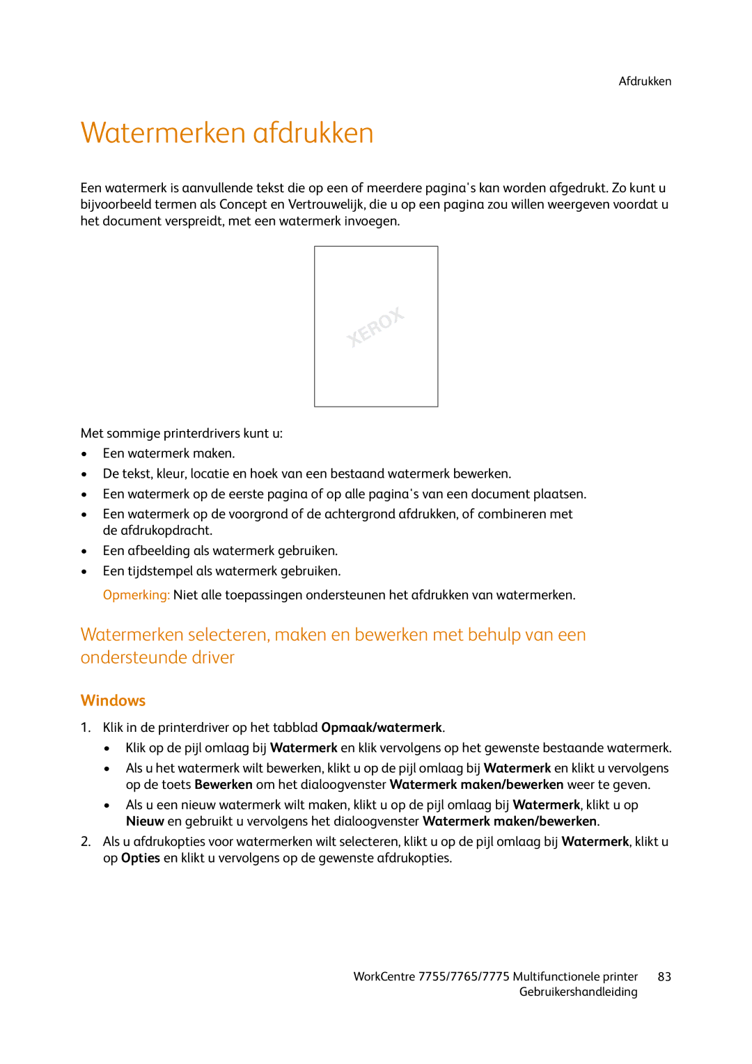 Xerox 7775, 7765, 7755 manual Watermerken afdrukken 