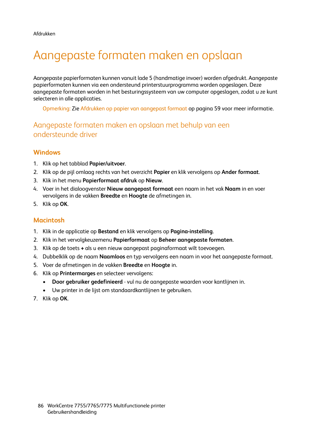 Xerox 7775, 7765, 7755 manual Aangepaste formaten maken en opslaan, Klik in het menu Papierformaat afdruk op Nieuw 