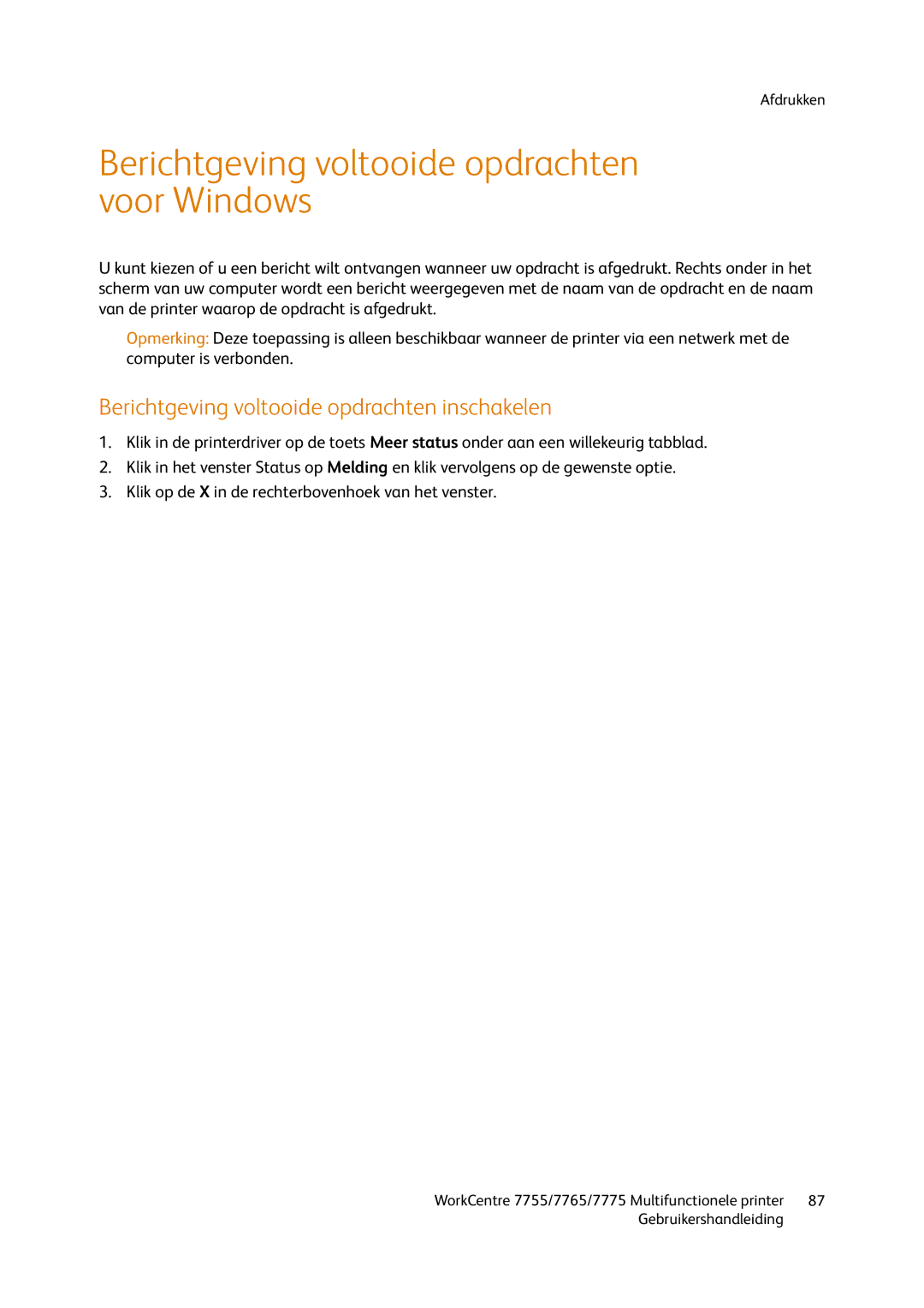 Xerox 7765, 7755, 7775 manual Berichtgeving voltooide opdrachten voor Windows, Berichtgeving voltooide opdrachten inschakelen 