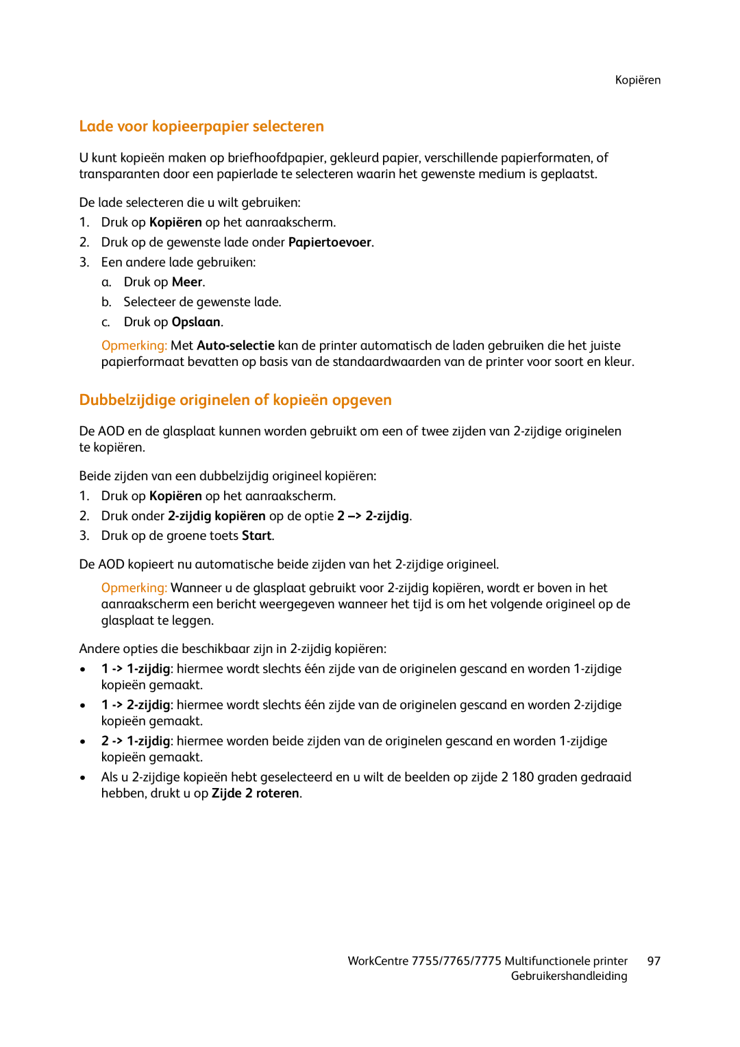 Xerox 7755, 7765, 7775 manual Lade voor kopieerpapier selecteren, Dubbelzijdige originelen of kopieën opgeven 