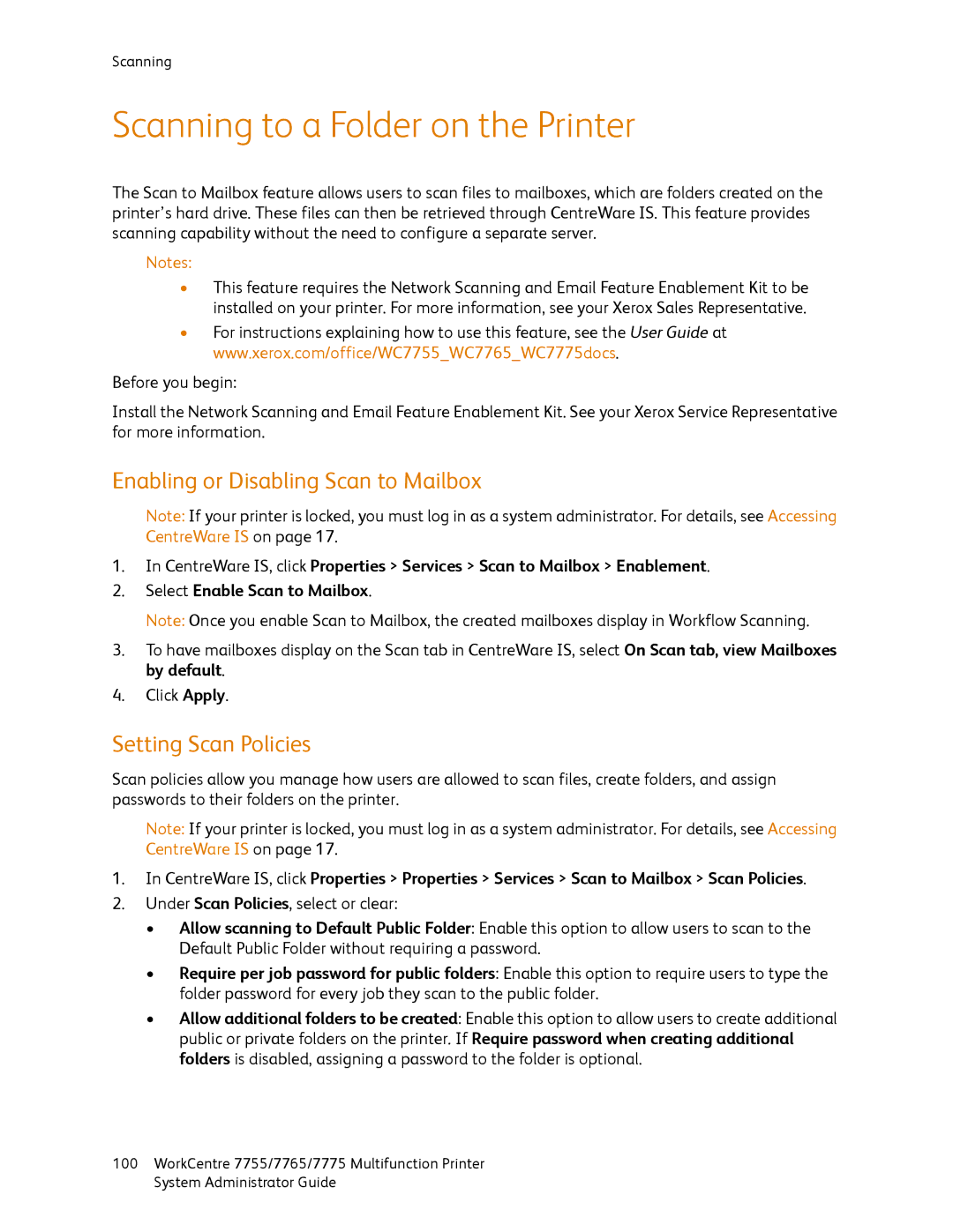 Xerox 7755, 7765, 7775 Scanning to a Folder on the Printer, Enabling or Disabling Scan to Mailbox, Setting Scan Policies 