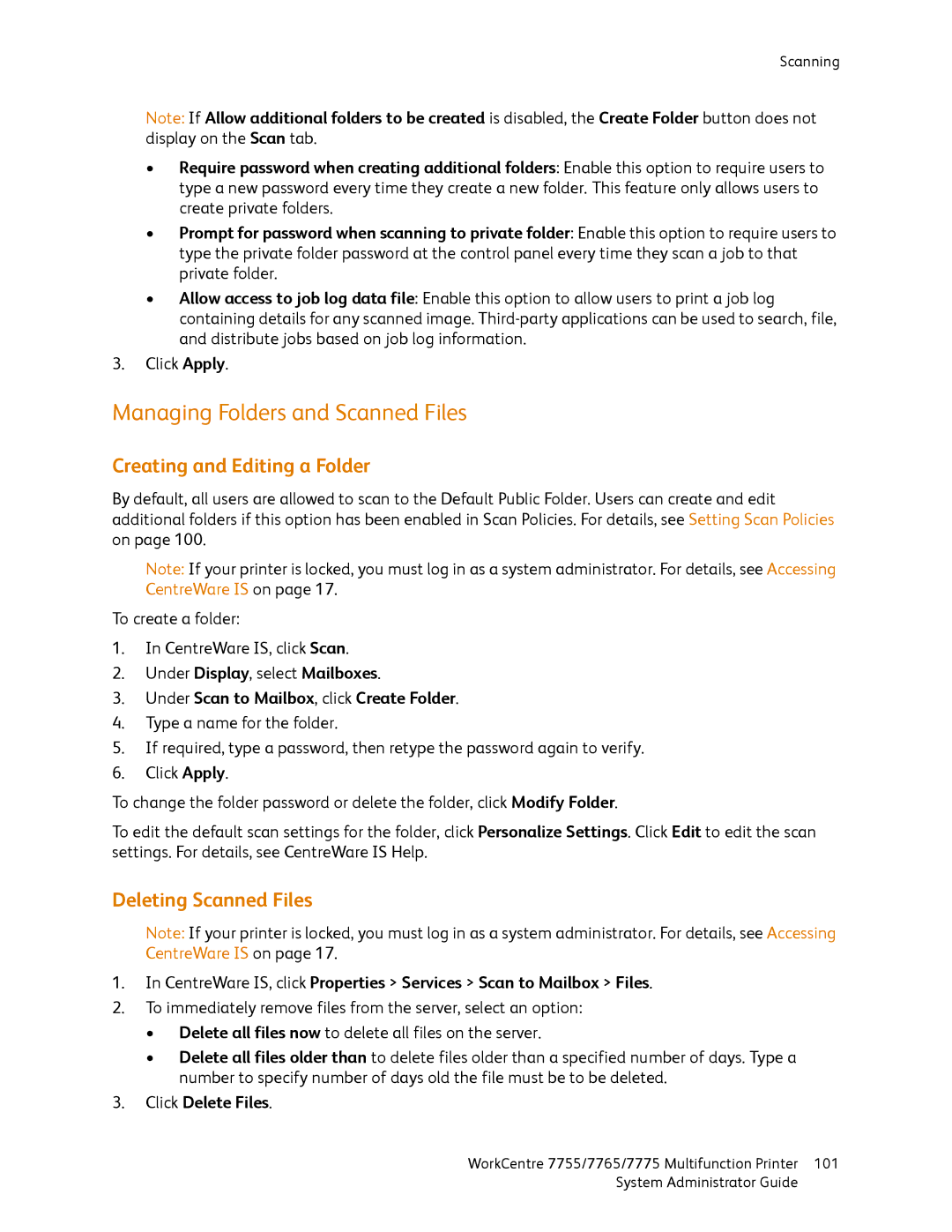Xerox 7775 Managing Folders and Scanned Files, Creating and Editing a Folder, Deleting Scanned Files, Click Delete Files 
