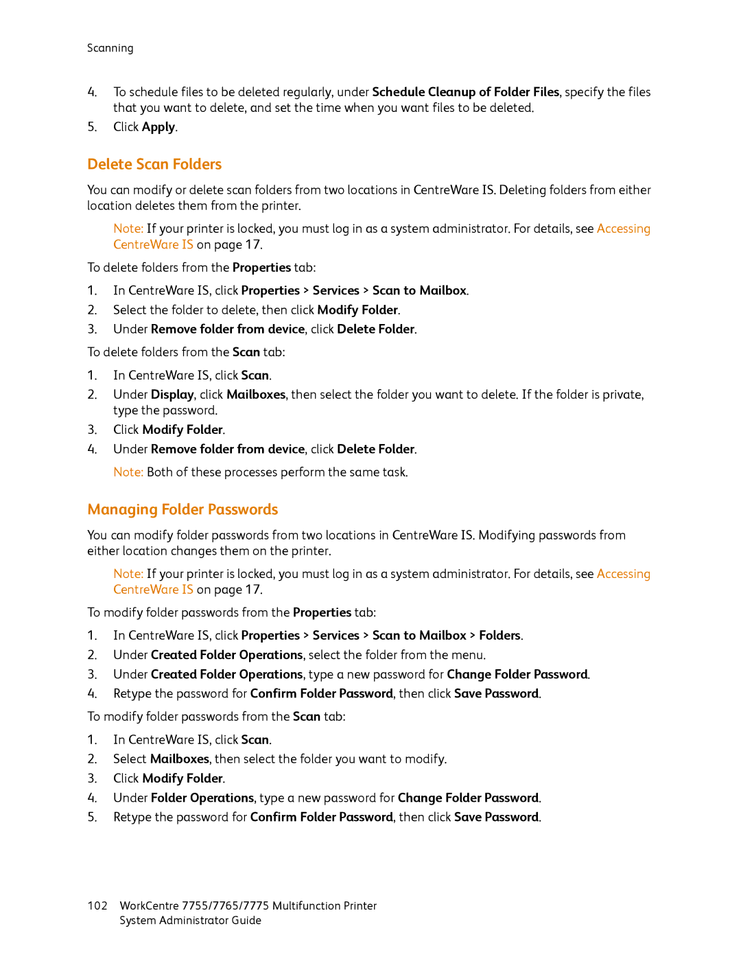 Xerox 7765, 7755 Delete Scan Folders, Managing Folder Passwords, CentreWare IS, click Properties Services Scan to Mailbox 