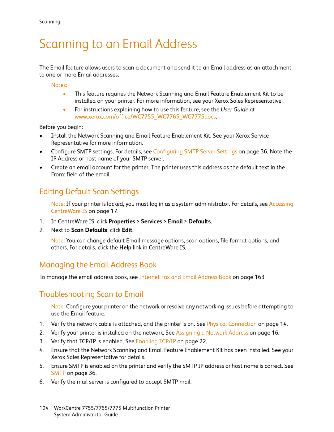Xerox 7775, 7765, 7755 manual Scanning to an Email Address, Editing Default Scan Settings, Managing the Email Address Book 