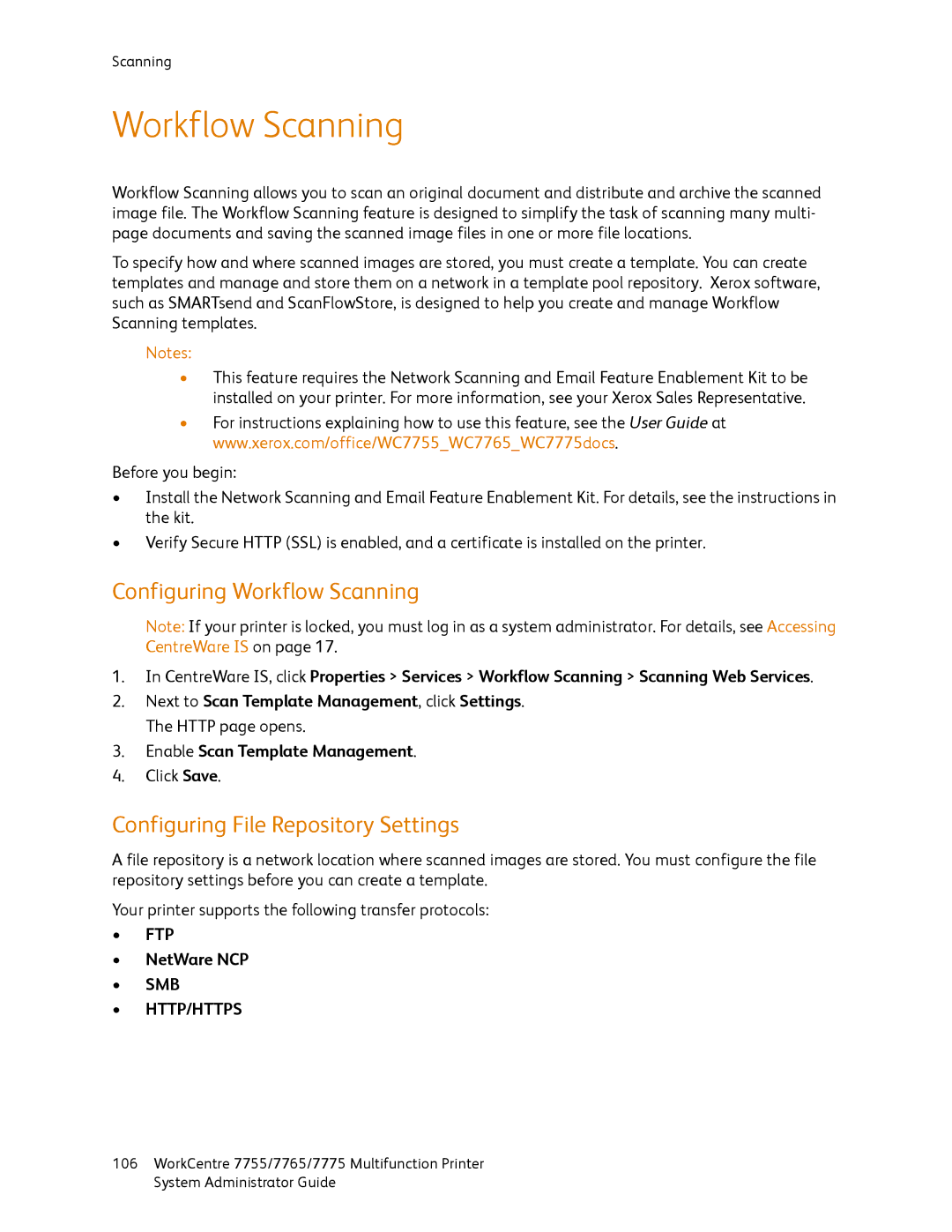 Xerox 7755, 7765 Configuring Workflow Scanning, Configuring File Repository Settings, Enable Scan Template Management 