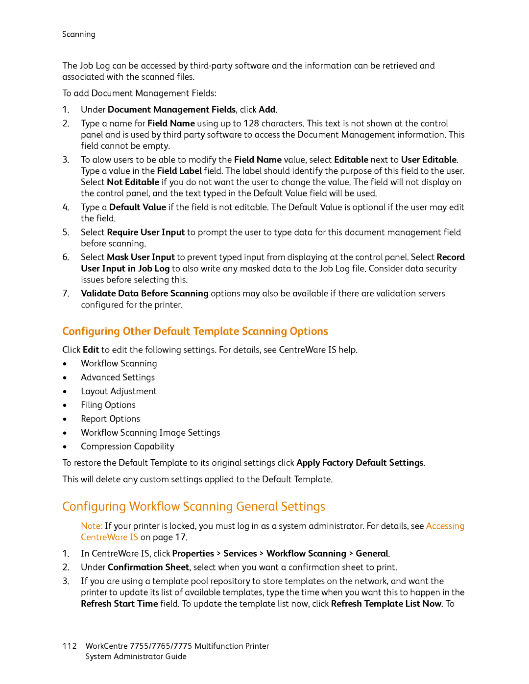 Xerox 7755, 7765, 7775 Configuring Workflow Scanning General Settings, Configuring Other Default Template Scanning Options 