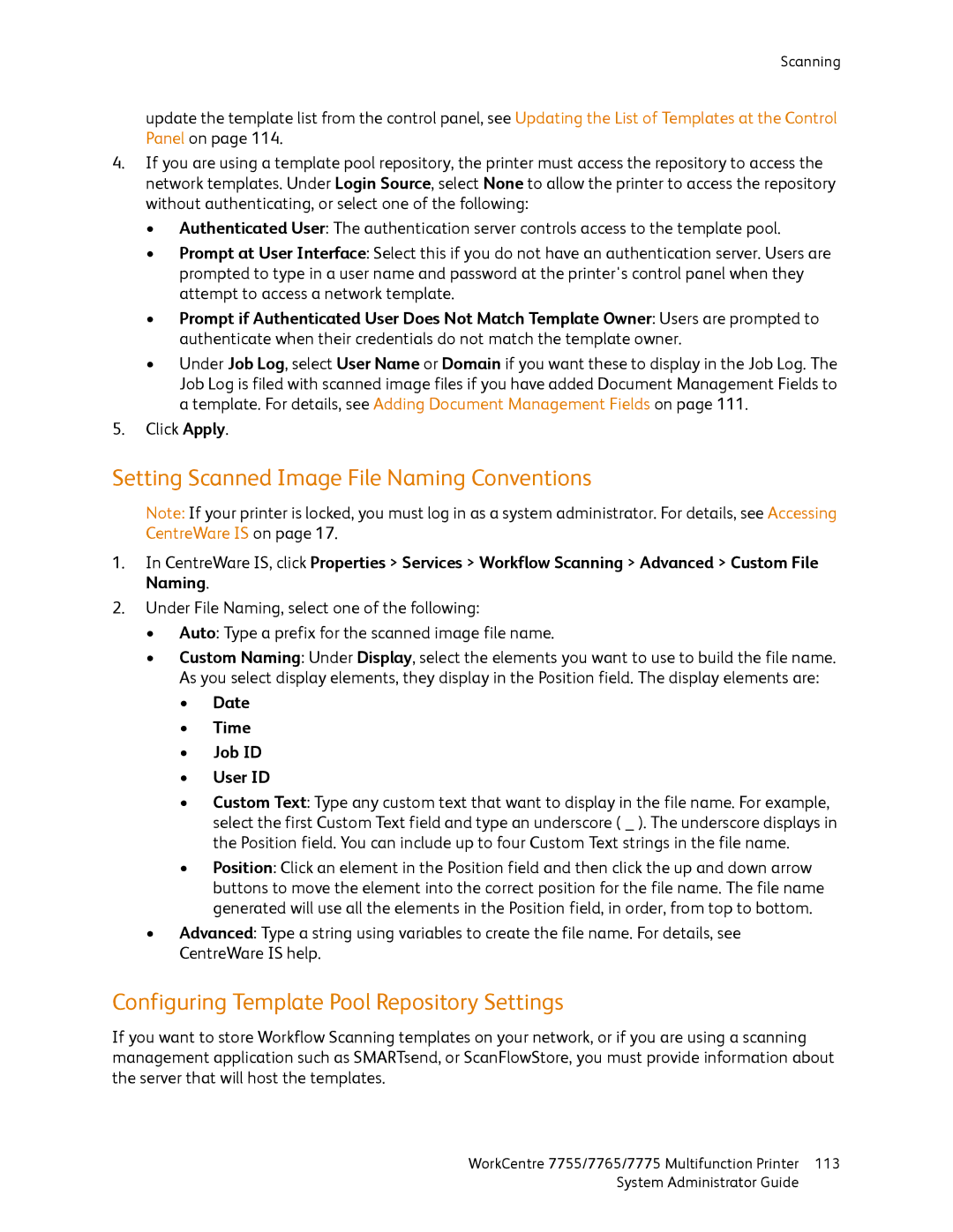 Xerox 7775, 7765, 7755 manual Setting Scanned Image File Naming Conventions, Configuring Template Pool Repository Settings 