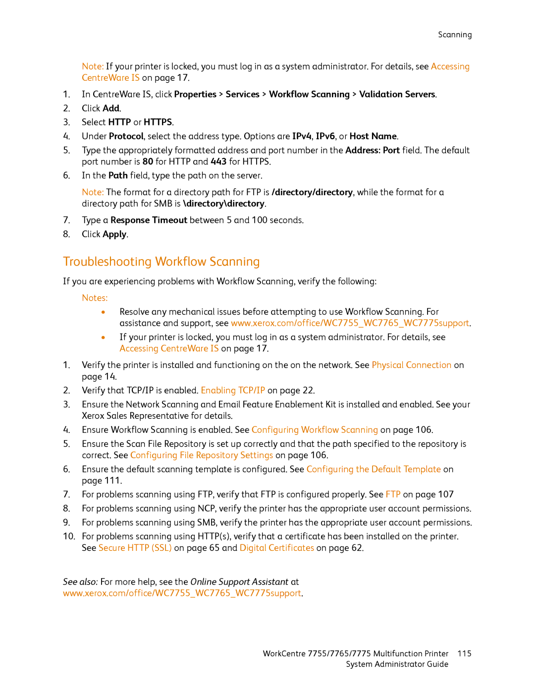 Xerox 7755, 7765, 7775 manual Troubleshooting Workflow Scanning 