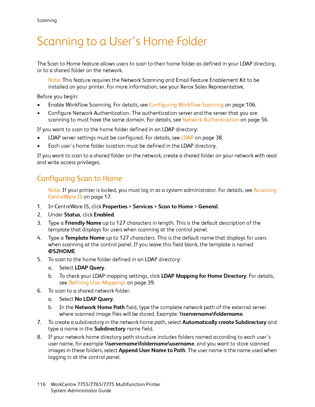 Xerox 7775, 7765, 7755 Scanning to a User’s Home Folder, Configuring Scan to Home, Select Ldap Query, Select No Ldap Query 