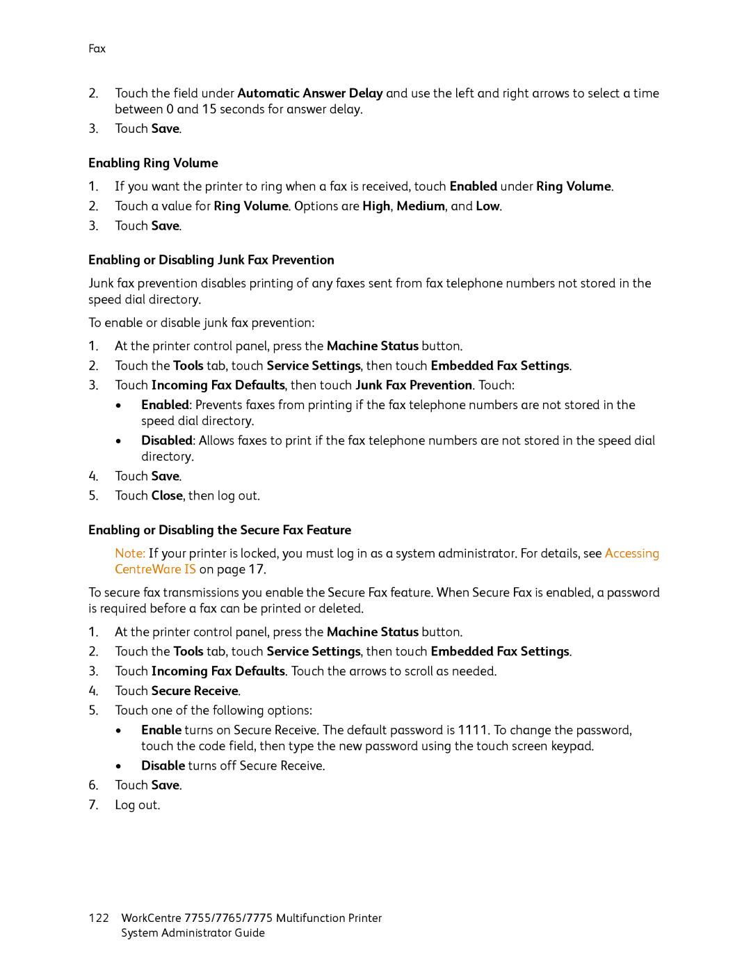 Xerox 7775 Enabling Ring Volume, Enabling or Disabling Junk Fax Prevention, Enabling or Disabling the Secure Fax Feature 