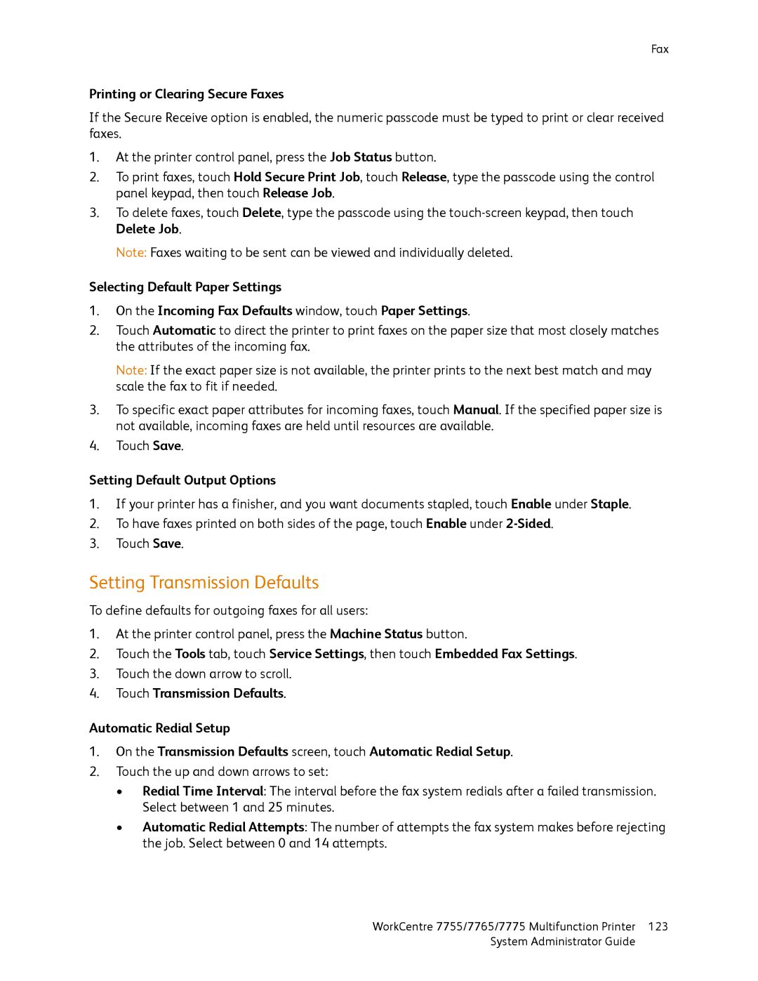 Xerox 7765, 7755, 7775 Setting Transmission Defaults, Printing or Clearing Secure Faxes, Setting Default Output Options 