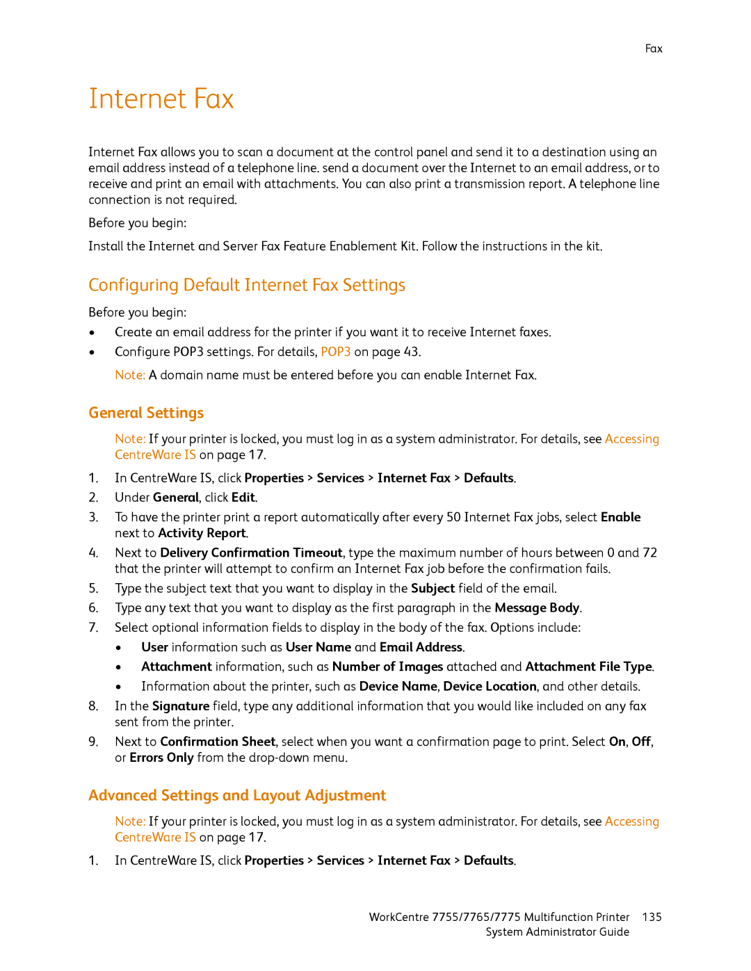 Xerox 7765, 7755 Configuring Default Internet Fax Settings, General Settings, Advanced Settings and Layout Adjustment 