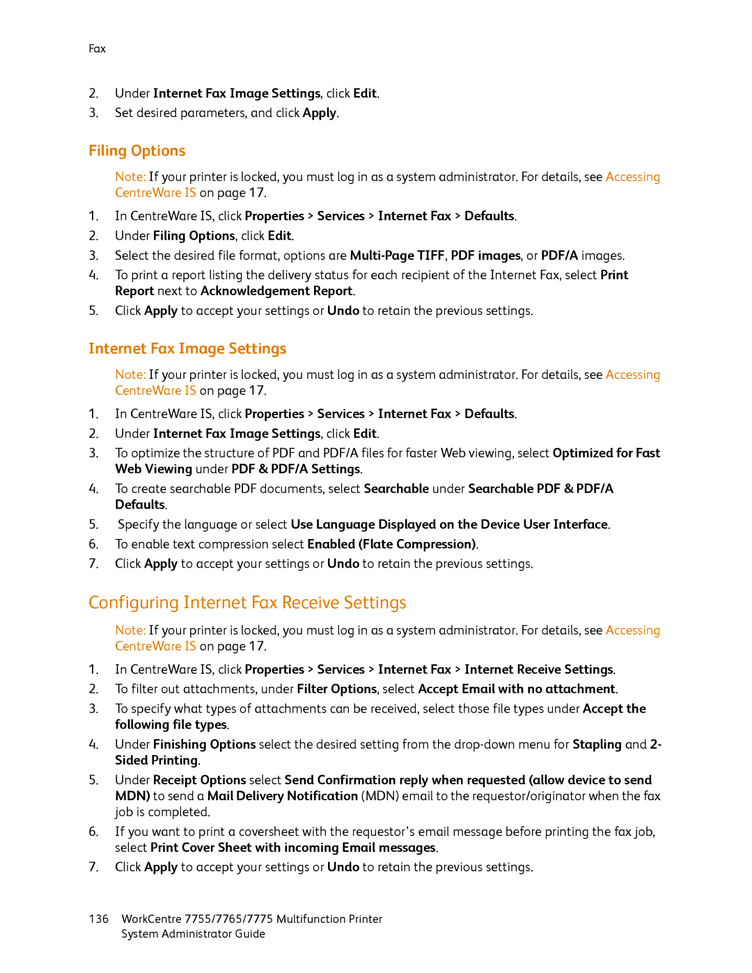 Xerox 7755, 7765, 7775 manual Configuring Internet Fax Receive Settings, Filing Options, Internet Fax Image Settings 