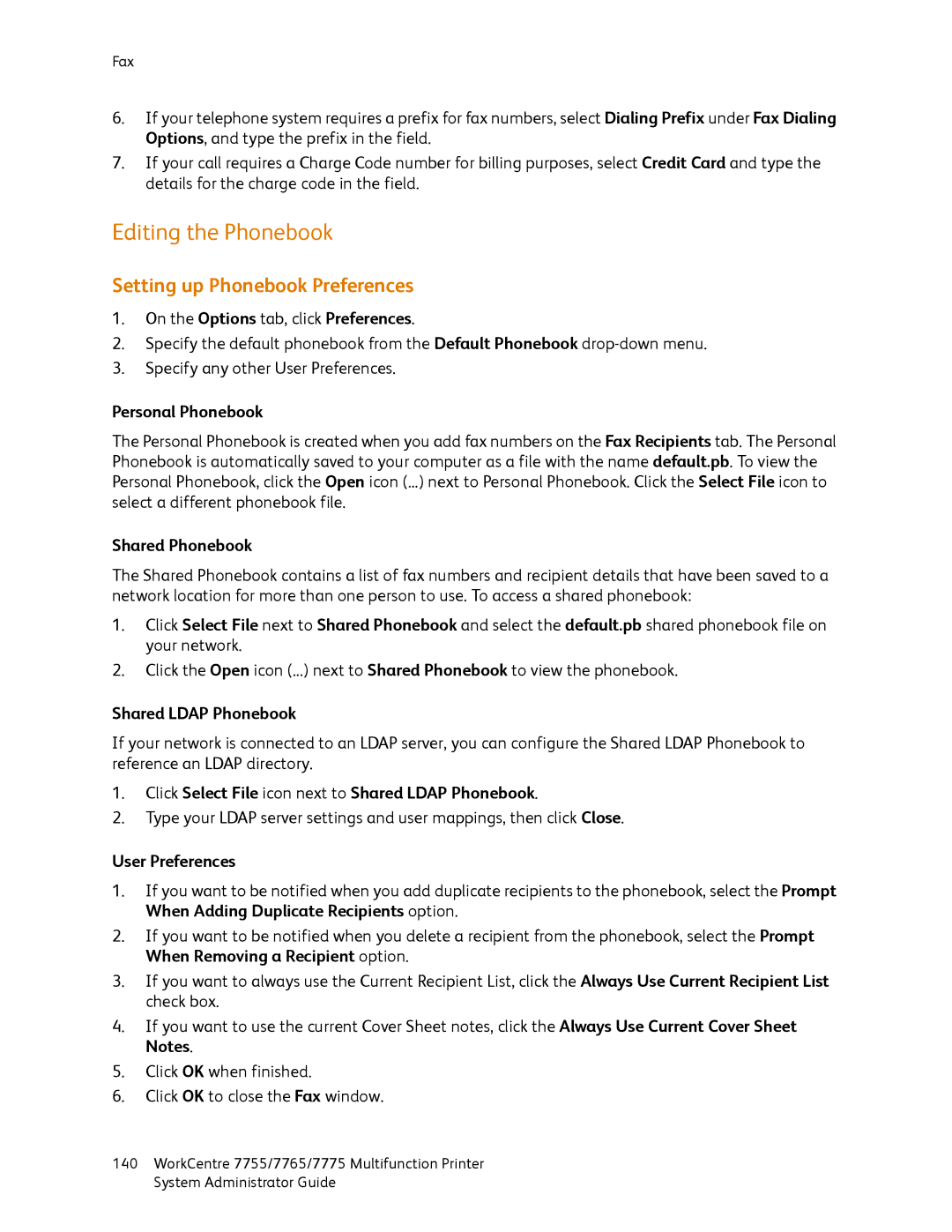 Xerox 7775, 7765, 7755 manual Editing the Phonebook, Setting up Phonebook Preferences 