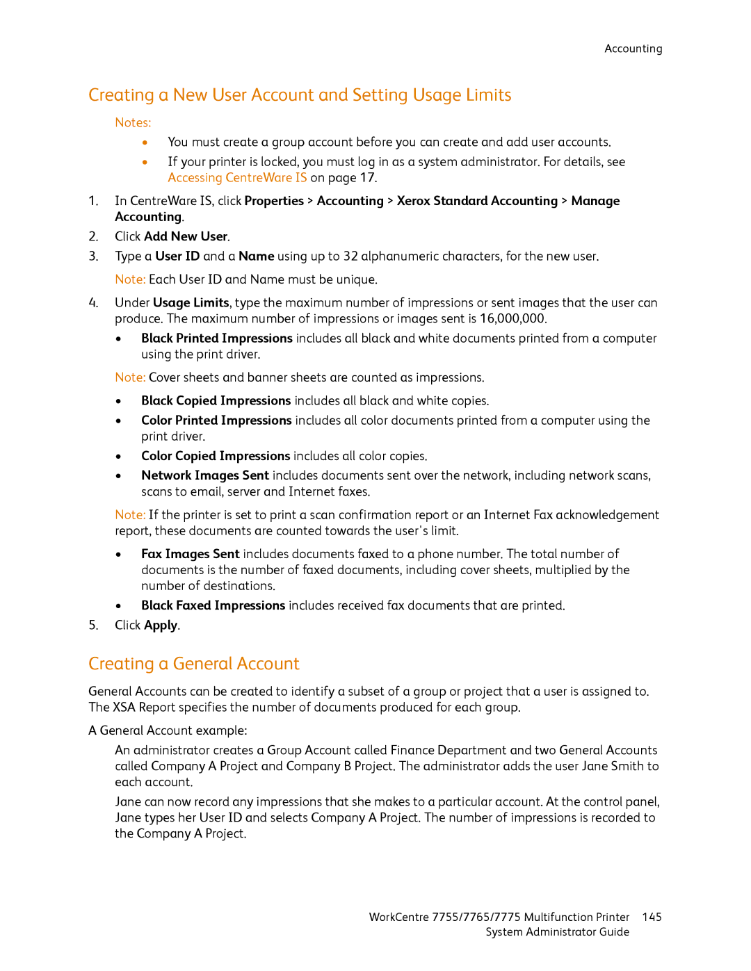 Xerox 7755, 7765, 7775 manual Creating a New User Account and Setting Usage Limits, Creating a General Account 