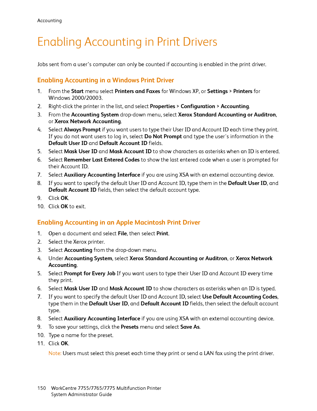 Xerox 7765, 7755, 7775 manual Enabling Accounting in Print Drivers, Enabling Accounting in a Windows Print Driver 