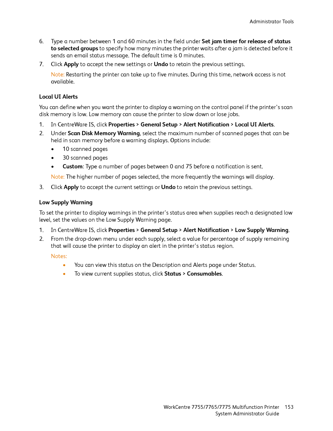 Xerox 7765, 7755, 7775 manual Local UI Alerts, Low Supply Warning 