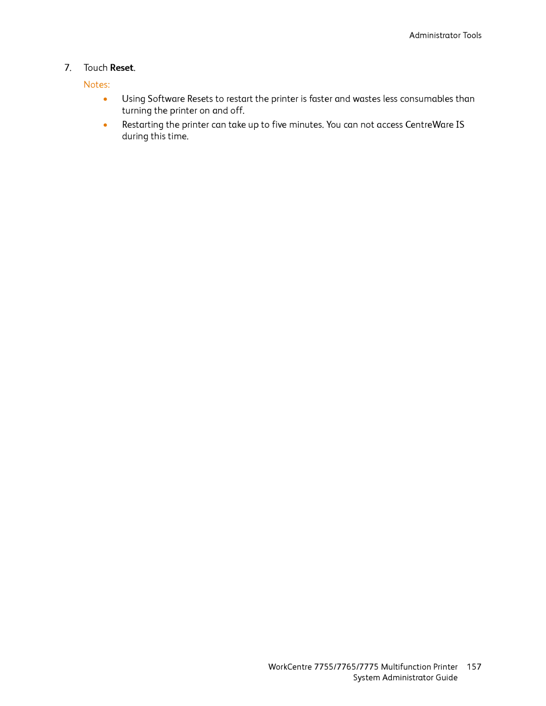 Xerox 7755, 7765, 7775 manual Administrator Tools Touch Reset. Notes 