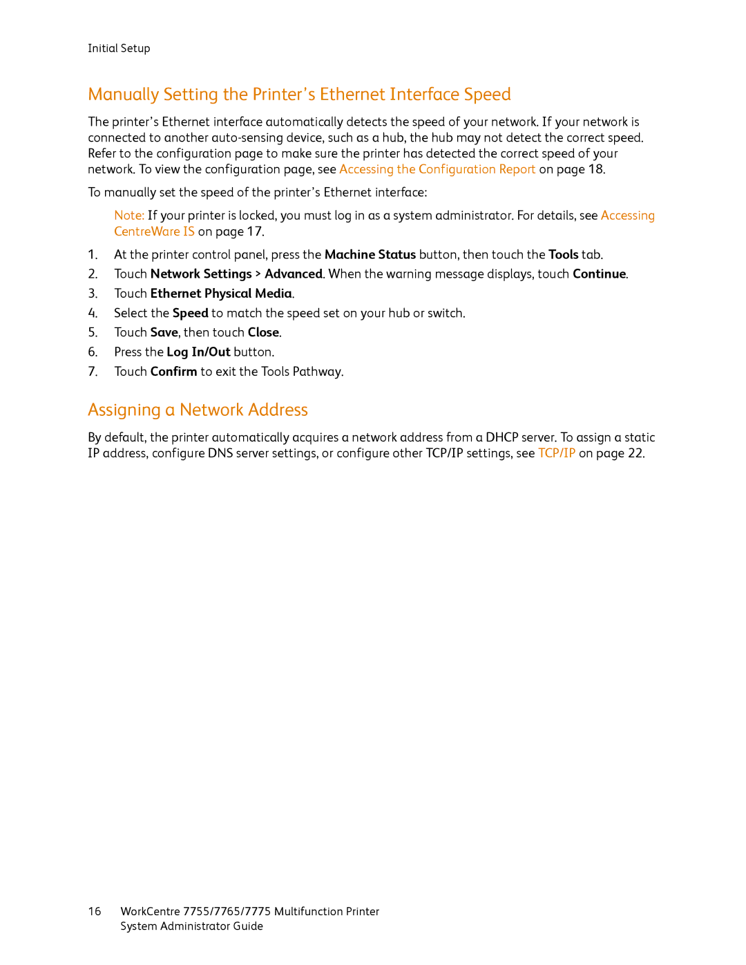 Xerox 7755, 7765, 7775 manual Manually Setting the Printer’s Ethernet Interface Speed, Assigning a Network Address 
