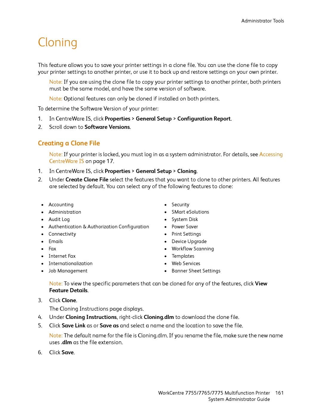 Xerox 7775, 7765, 7755 manual Creating a Clone File, CentreWare IS, click Properties General Setup Cloning 
