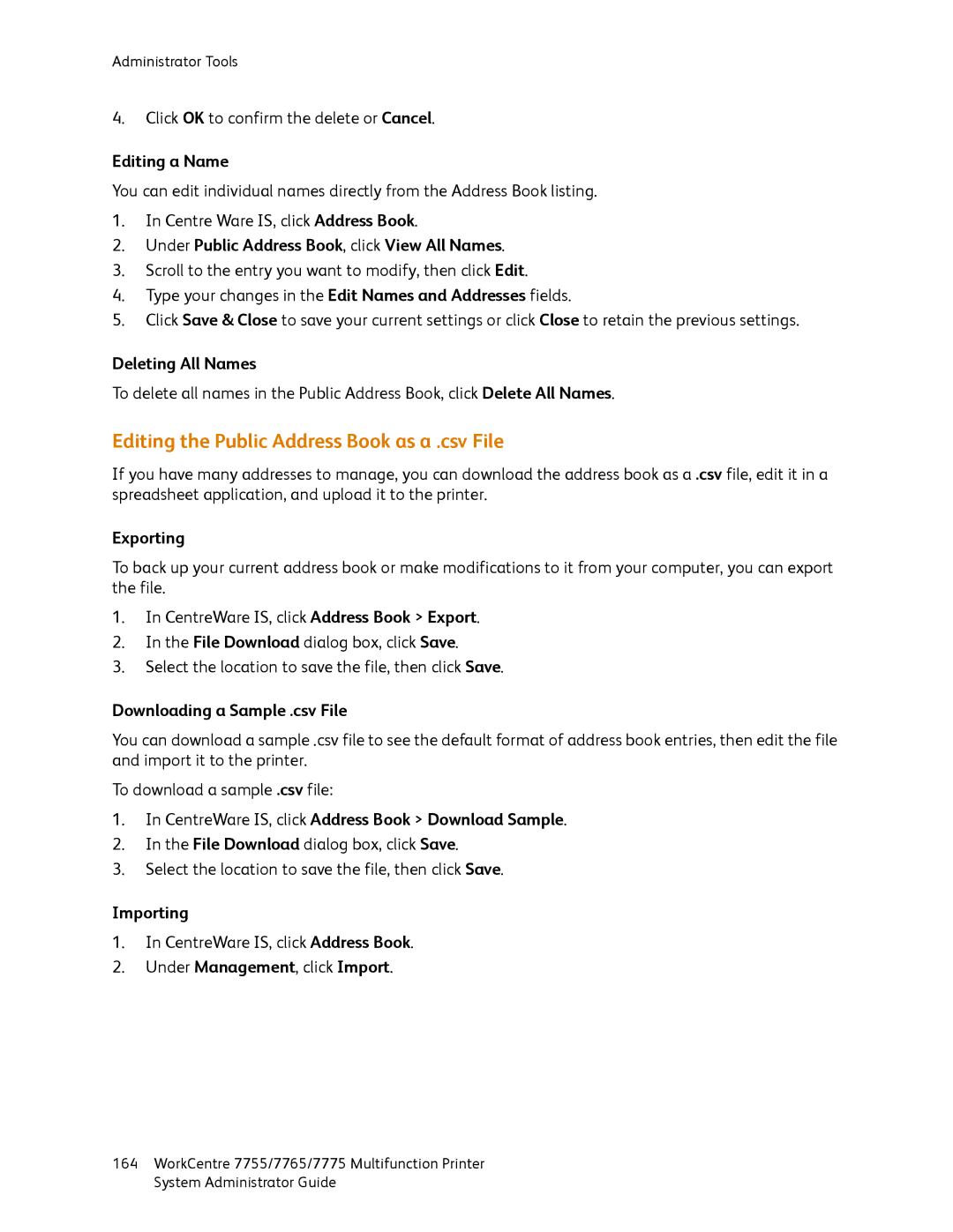 Xerox 7775, 7765, 7755 manual Editing the Public Address Book as a .csv File 