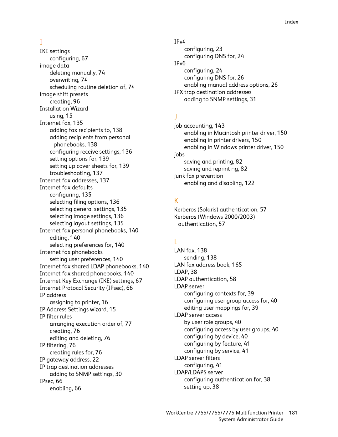 Xerox 7755, 7765, 7775 manual IPsec, 66 enabling 