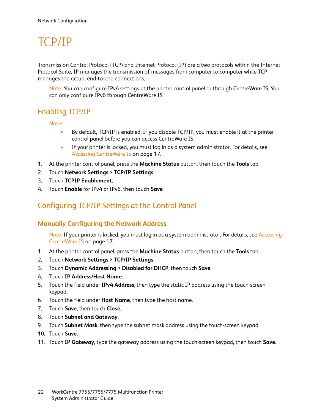 Xerox 7755 Enabling TCP/IP, Configuring TCP/IP Settings at the Control Panel, Manually Configuring the Network Address 